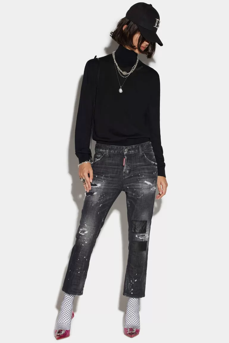 Femme Dsquared2 Jeans*Black Ripped Leather Patch Wash Cool Girl Cropped Jeans