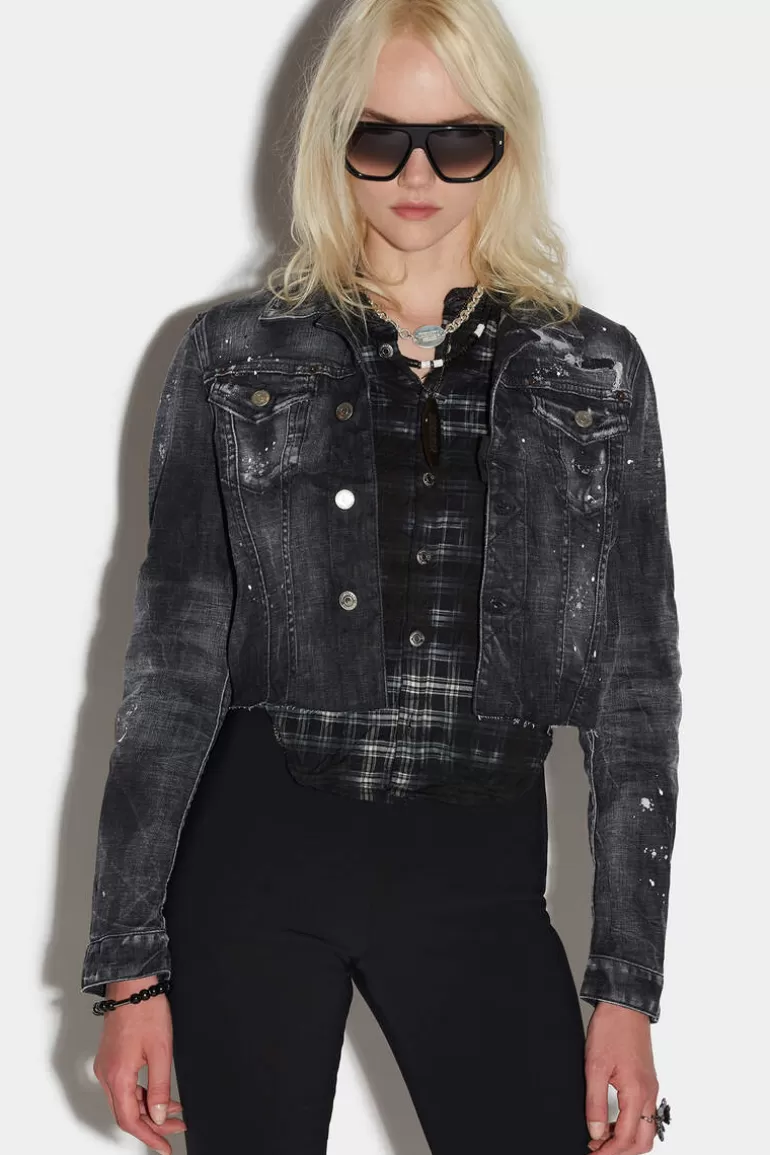 Femme Dsquared2 Manteaux & Vêtements D'Extérieur*Black Ripped Wash Mix Check Jean Jacket