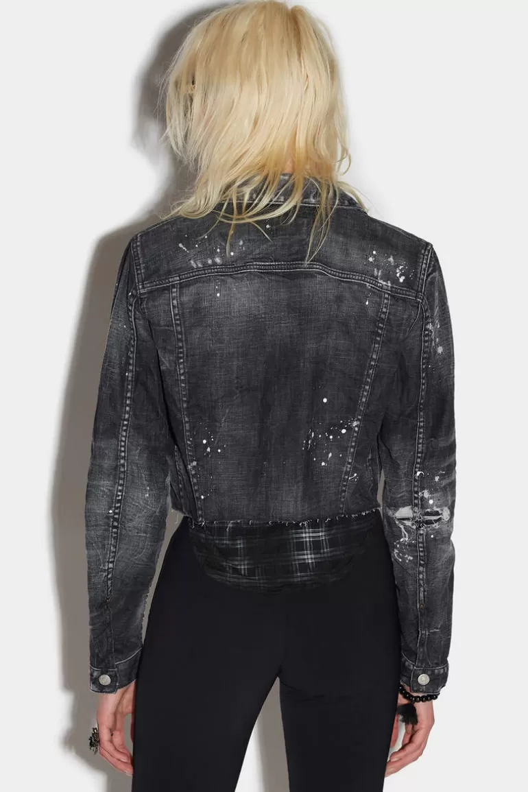 Femme Dsquared2 Manteaux & Vêtements D'Extérieur*Black Ripped Wash Mix Check Jean Jacket